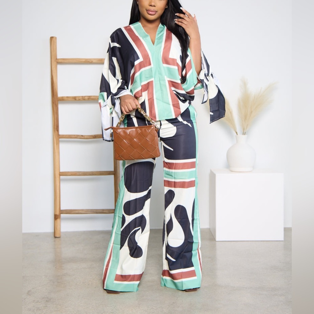 Geo Green Kimono Two Piece Set